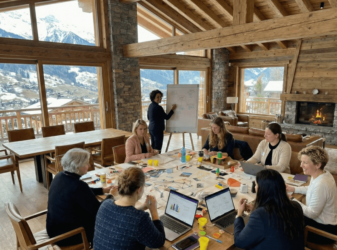 Women founders in authentic conversation around a table in an alpine lodge
